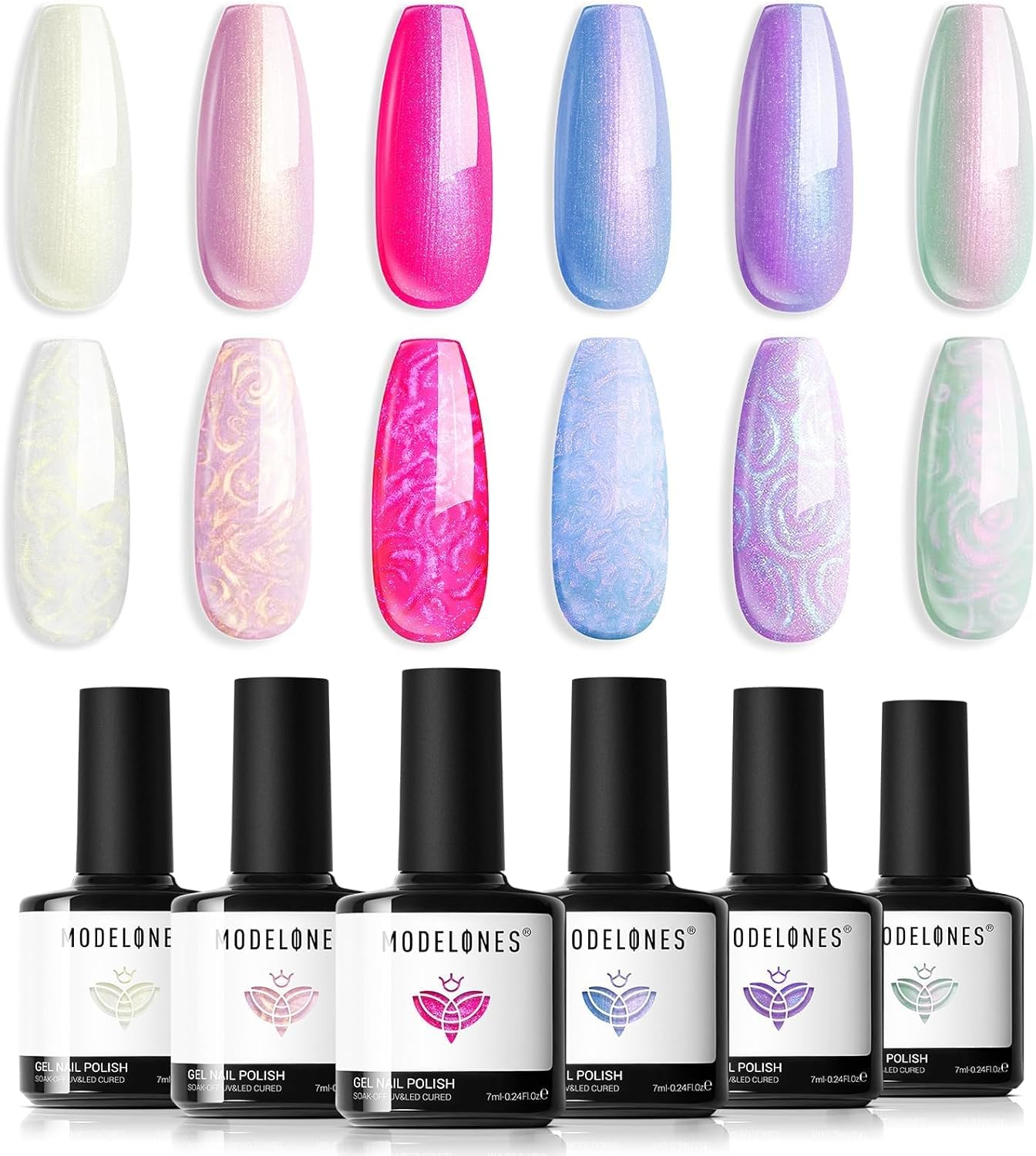 Modelones Pearl Gel Nail Polish Set, 6 Colors Ocean Shimmer White Hot Pink Purple Blue Green Mermaid Glitter Gel Polish Soak off Nail Drawing Nail Gel Polish Swirl Shell Thread Effect DIY Gift image number 4