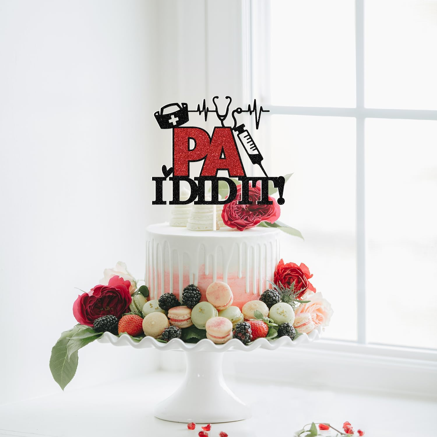 Goilpanitdia PA I Did It Cake Topper, Congrats PA, Nurse Grad, Nursing School Graduation Party Decorations, Black & Red Glitter