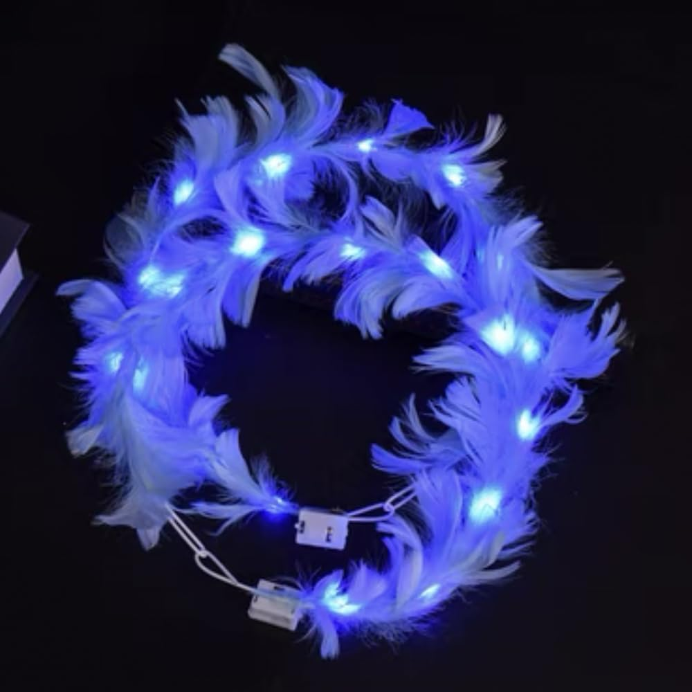 LEEMASING LED Feather Wreath Crown Headband Light-Up Angel Halo Headband for Wedding Christmas Halloween Valentine'S Day (Blue) - Colorful image number 2