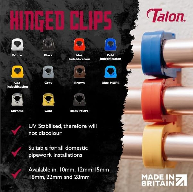 Talon - 16Mm Single Hinged Pipe Clip X100 - Natural - 360&deg; Fixing for Pipework - up to 85&deg;C - Safe for Use on Plumbing, Gas and Air Conditioning Pipe image number 3