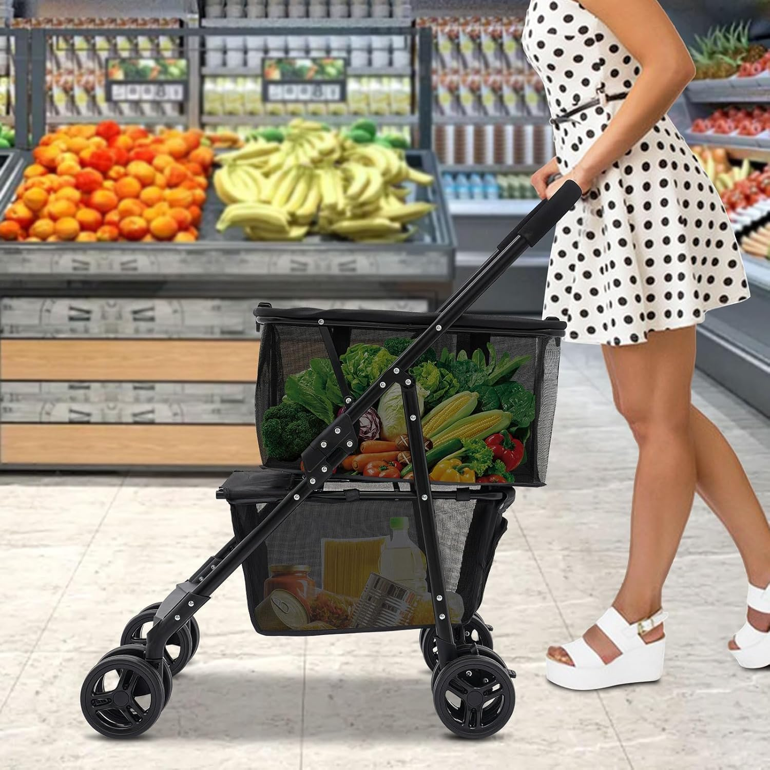 Folding Shopping Cart, Newly Upgraded 80 Lbs Foldable Grocery Cart, Portable Multifunctional Cart with Removable Tote Bag, Large Storage Space, with 360&deg; Wheels and One-Step Parking Brake, Black image number 4