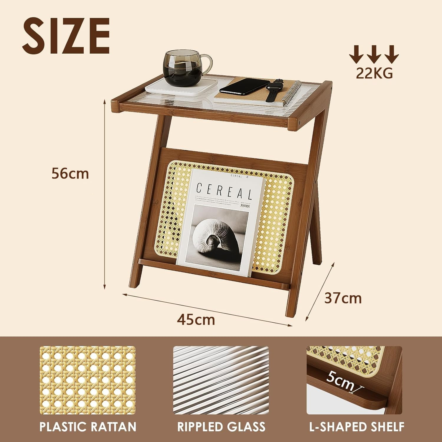 Bamworld Rattan Side Table - Boho Mid-Century Modern Nightstand with Glass Top and Storage, Bamboo Coffee Table and Record Player Stand for Living Room and Bedroom image number 2