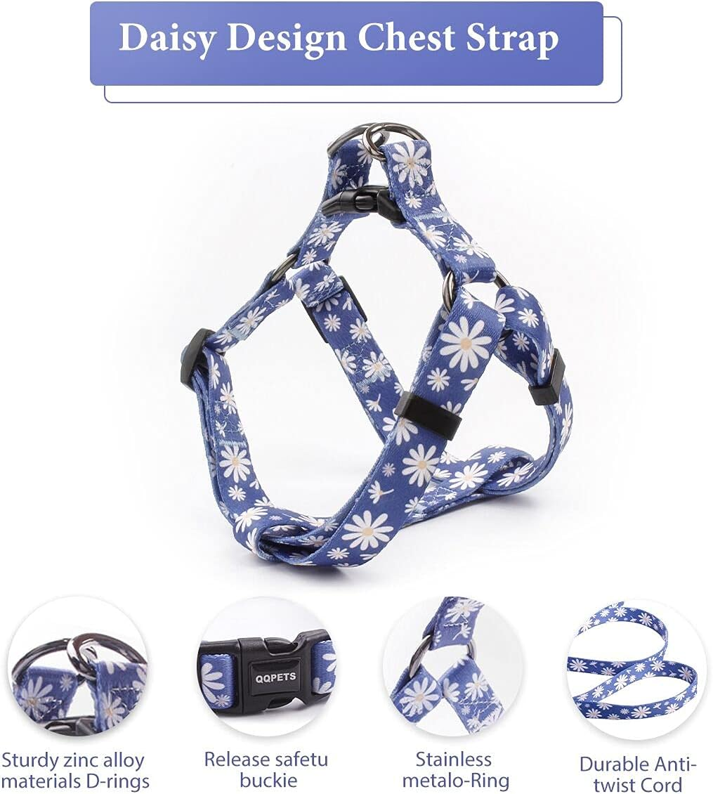 Dog Harness Collar Leash Set - No Pull Pet Adjustable Back Clip Halter Basic Collar Heavy Duty 5FT Anti-Twist Leash for Extra Small Puppy Medium Large Breed Training Running (Daisy, S) image number 6