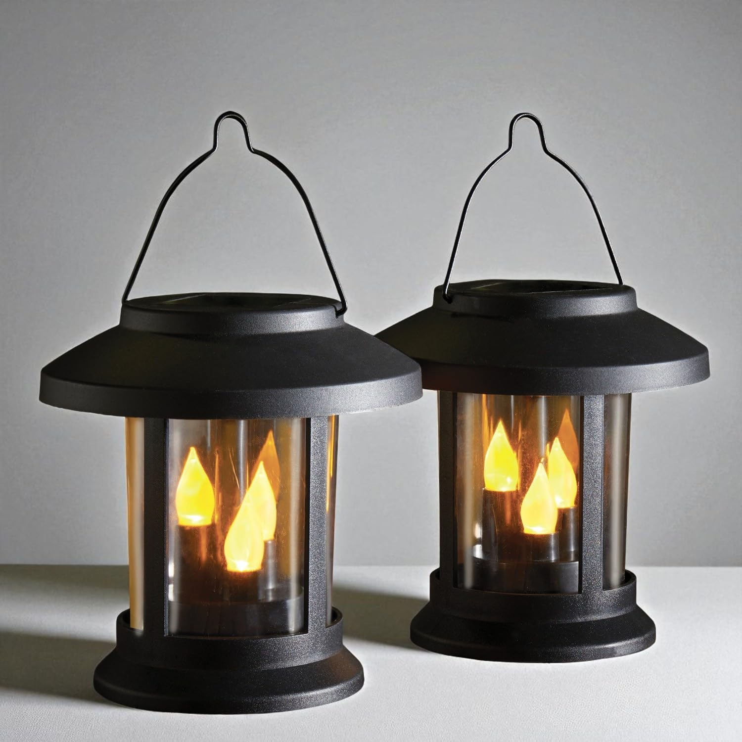 3 PAGEN 3-In-1 Solar Lantern with Plug Rod Set of 2 - Set of 2 LED Solar Garden Lights Black with Flickering Effect - as Ground Plug, Pendant Light or Table Lamp - Environmentally Friendly