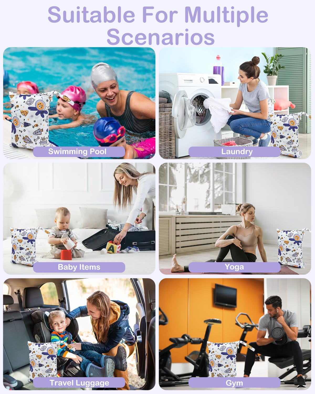 ALVABABY 3 Cloth Diaper Wet Dry Bags Waterproof Reusable with Two Zippered Pockets Travel Beach Pool Daycare Soiled Baby Items Yoga Gym Bag for Swimsuits or Wet Clothes Small Medium Large 3L-ZM28 image number 6