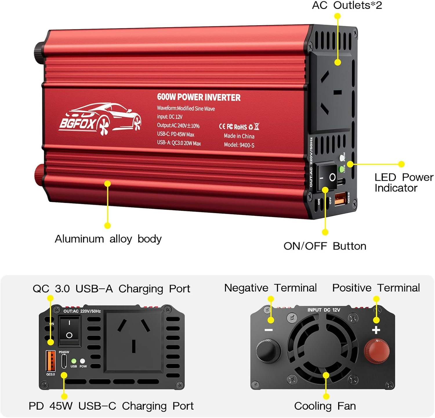 600W Power Inverter DC12V to 230V 240V AC Car Inverter with PD45W and QC 3.0 20W 4.8A USB Port to Charge Your Game Consoles, Car Electronic Devices - Red