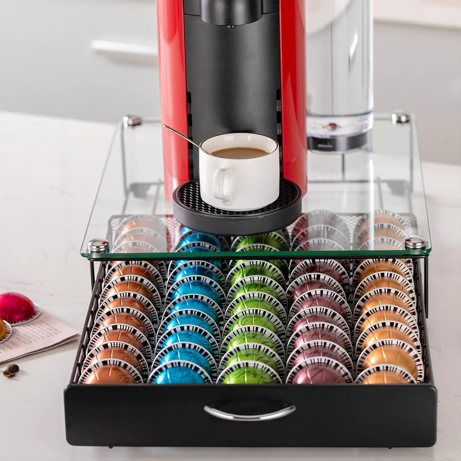 Rice Rat Coffee Vertuo Capsule Holder Drawer for Nespresso with Glass for Cabinet Vertuoline Pod Storage Rack for Counter (Class-50 Pods（With Handle）) image number 3