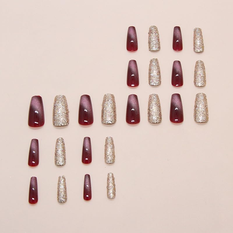 Press on Nails Long Coffin Shape, Purple Red Ombre Artificial Nails, Fingernails for Sticking, Artificial Nails, Gold Sequins, Fake Nails, Adhesive Nails Set, Acrylic Nail Tips, Women'S Nail - 42101 image number 4