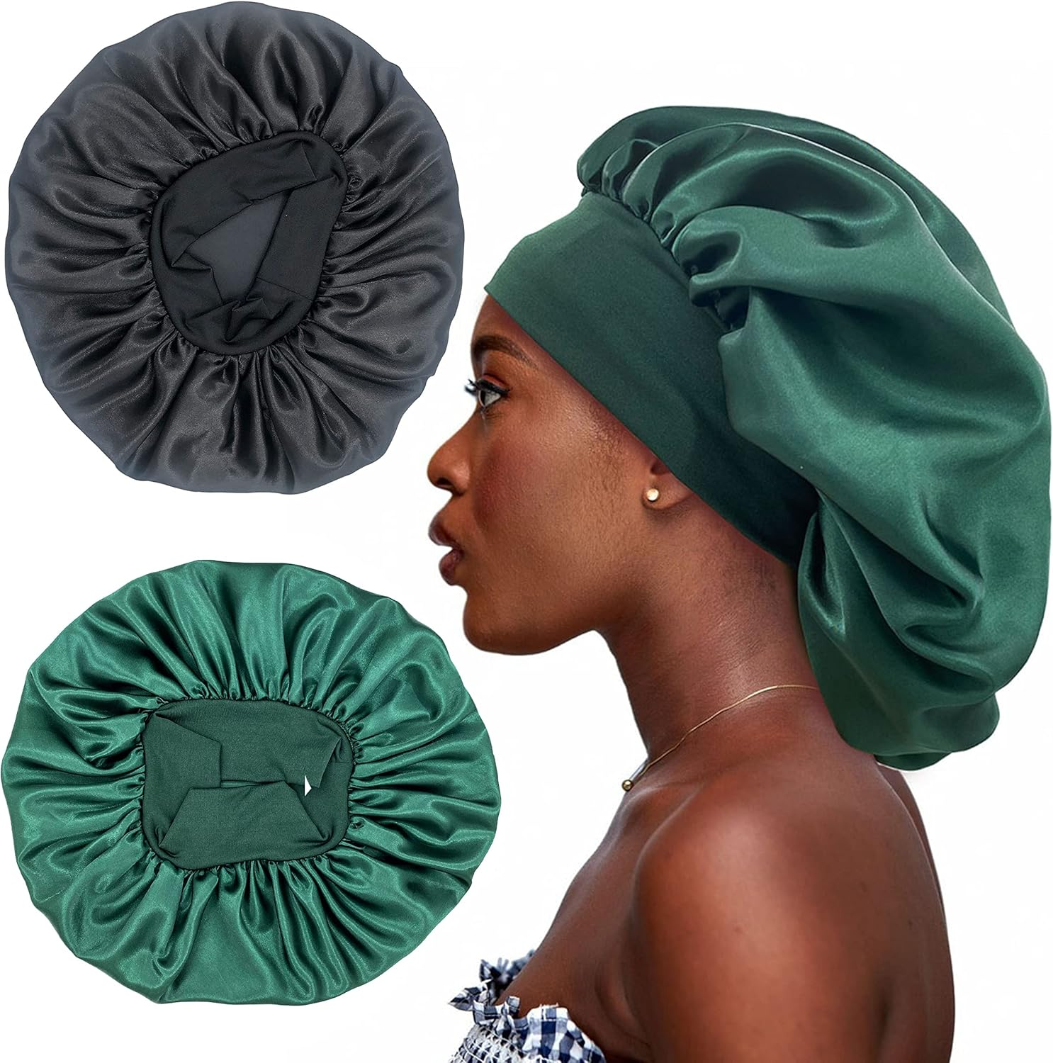 2PCS Large Satin Bonnet,Silk Bonnet Hair Wrap for Sleeping,Sleep Cap with Elastic Soft Band,Big Bonnets for Women Hair Care image number 2
