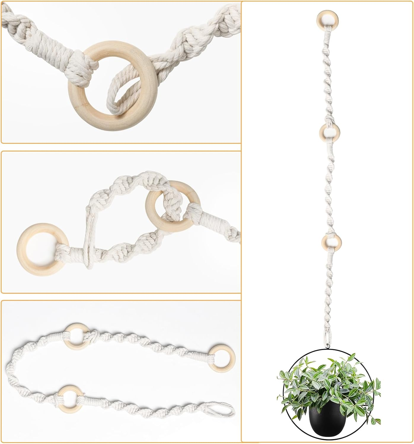 3 Pack Adjustable Macrame Plant Hanger Extenders Connectable Rope Hanging Plant Extender Handmade Woven Hanging Basket Extension with Wooden Ring for Indoor Outdoor Plant Pot Holder (Style 1, 3) image number 1