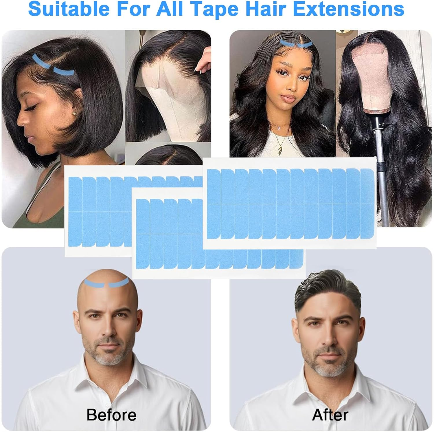 Tuoyi 10 Sheet 120Pcs Hair Extension Tape,Double Sided Hair Tape,Waterproof Double-Sided Adhesive Wig Tape for Long Short No Hairs Wigs Toupees Pieces and Extensions (4Cm X 0.8Cm) image number 5