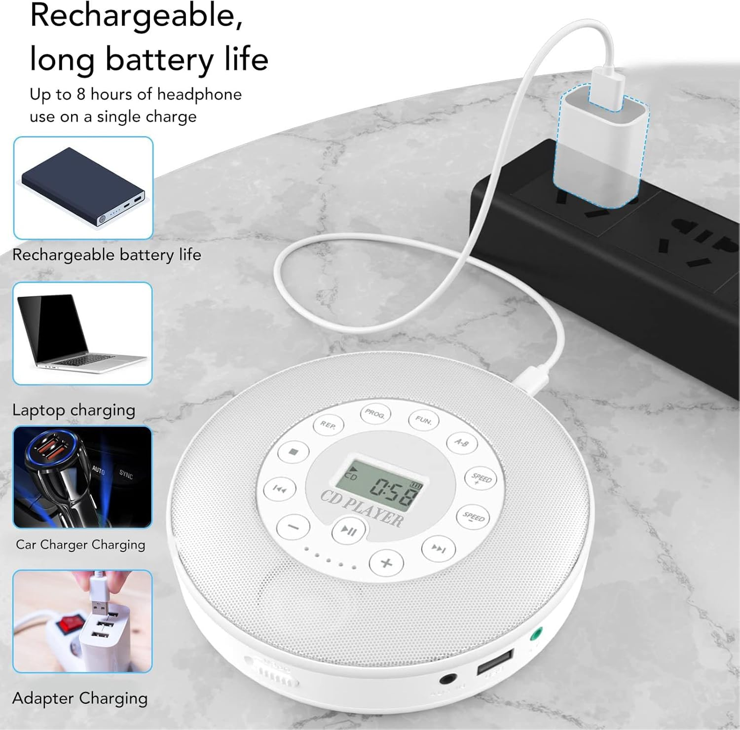 CD Player Portable, 1500Mah Rechargeable CD Player with Charging Cable and Sound Cable, Compact anti Skip Shockproof CD Player for CD CD RW MP3 (White without BT) image number 3