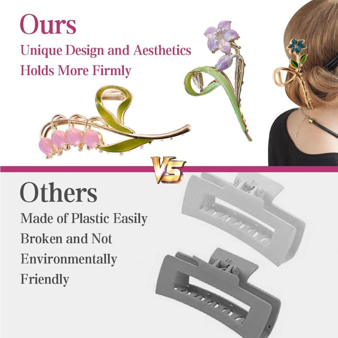 6Pcs Flower Metal Hair Claw Clips, Large Tulip Non-Slip Barrettes Strong Hold Hair Clamps Flower Claw Clips for Thick Hair, Elegant Flower Hair Clips Cute Hair Accessories for Women Girls