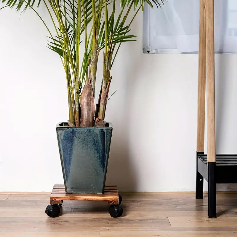 AIMALL Solid Wood Thickened Plant Caddy - 2Pcs Rustic Movable Flower Pot Tray with Universal Wheels - Heavy-Duty Roller Base Frame for Bonsai - Dimensions: 9.84 X 2.76 Inches image number 1