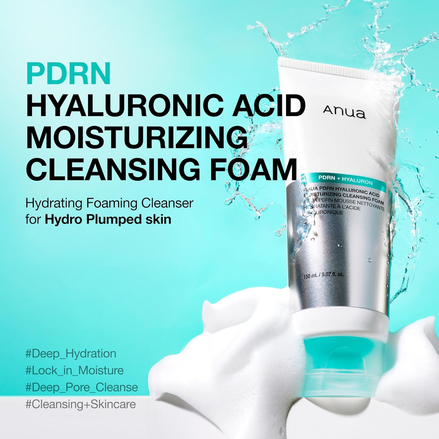 Anua PDRN Hyaluronic Acid Moisturizing Cleansing Foam, Hydrating Facial Cleanser for Dry Skin, Daily Gentle Face Wash with Salmon DNA, Balancing & Pore Care, Korean Skincare (150Ml / 5.07 Fl Oz)