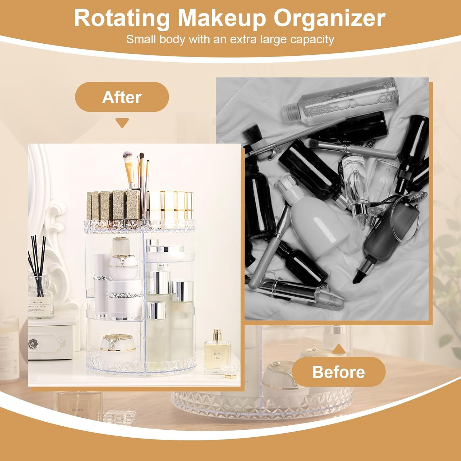 KXF 360&deg; Rotating Desktop Transparent Diamond Pattern Cosmetic Organizer Adjustable Shelf Height Spinning Makeup Storage Rack Box with Diamond Pattern for Dressing Toilet Vanity Table Countertop image number 3