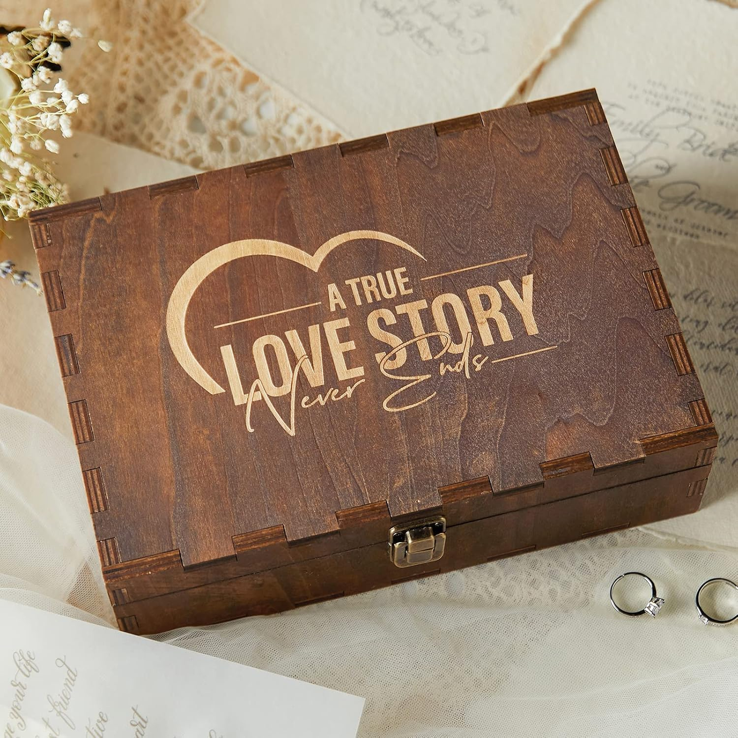 AW BRIDAL Engraved Wedding Memory Box with Lid, Wood Keepsake Boxes for Storage, Wedding Gifts for Couples, Bridal Shower and Bachelorette Gifts for Bride, Engagement Gifts for Newlyweds image number 3