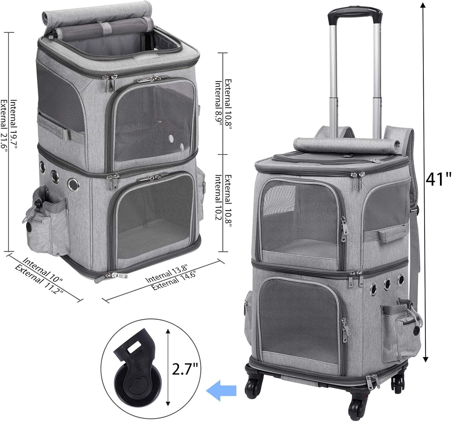 HOVONO Double-Compartment Pet Carrier Backpack with Wheels for Small Cats and Dogs, Cat Rolling Carrier for 2 Cats, Perfect for Traveling/Taking a Walk/Trips to the Vet, Grey - Grey image number 6