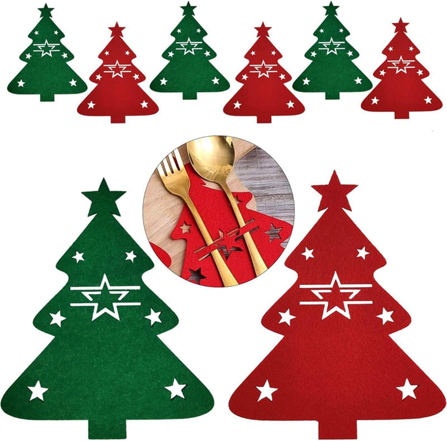 Christmas Cutlery Holder, 10Pcs Silverware Bag, Red Xmas Utensil Wraps for Party Dinner Table Supplies (Green) image number 6