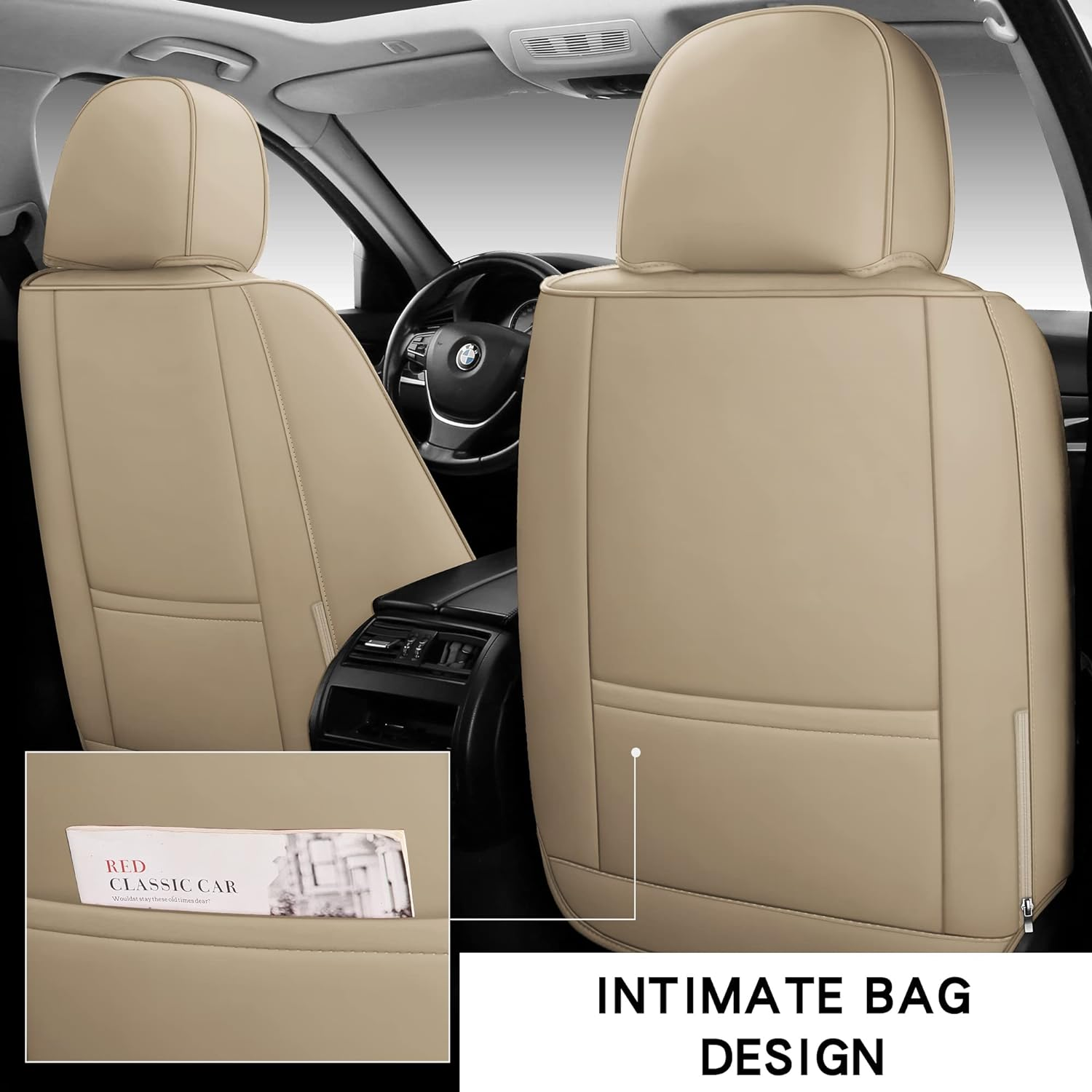Fully Covered Automotive Car Seat Covers with Waterproof Nappa Leatherette Universal Fit for Most Cars Sedans Suvs and Pick-Up Trucks with 5 Seats (Beige, Full Set) image number 4