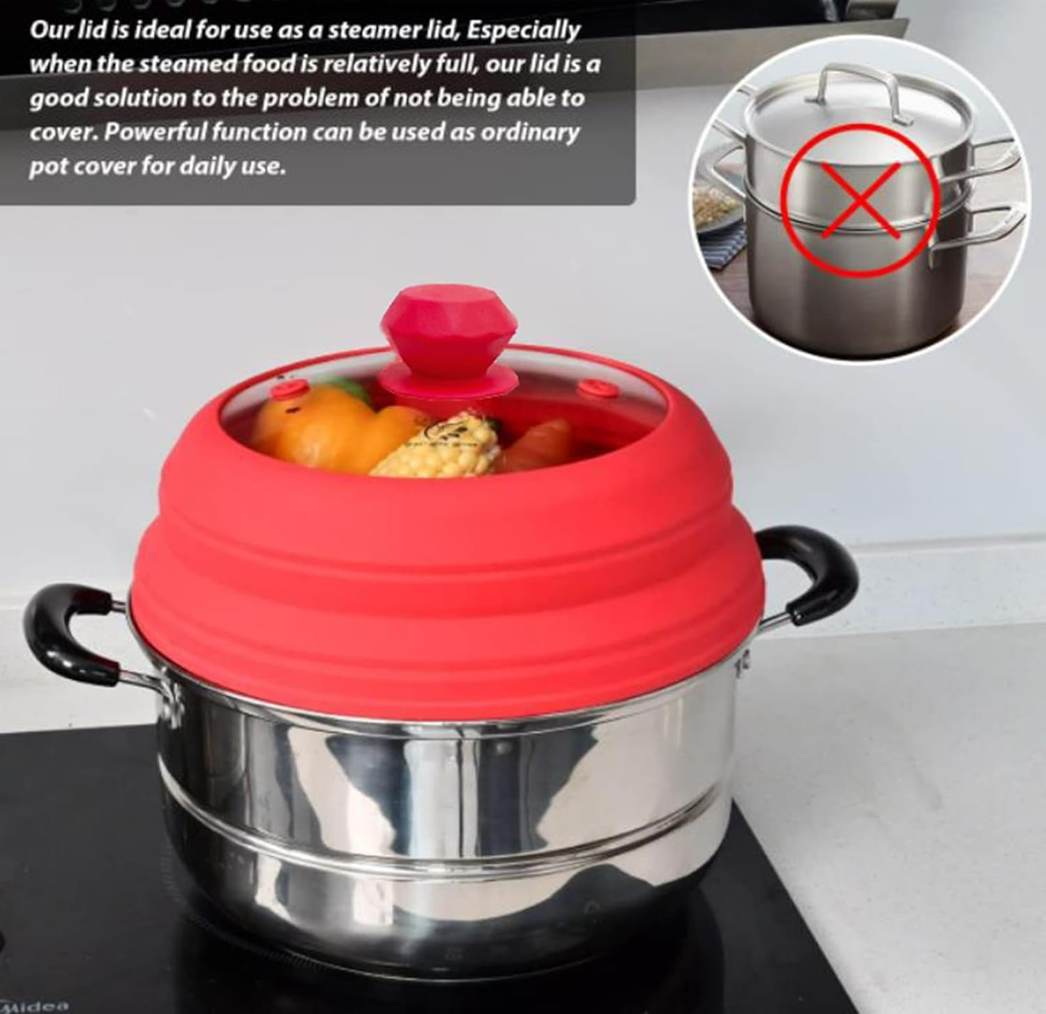 Viviendo Universal Silicone Lid, Collapsible Microwave Tempered Glass Cover and Multifunction Silicone Splatter Guard Lid - Large Red image number 5