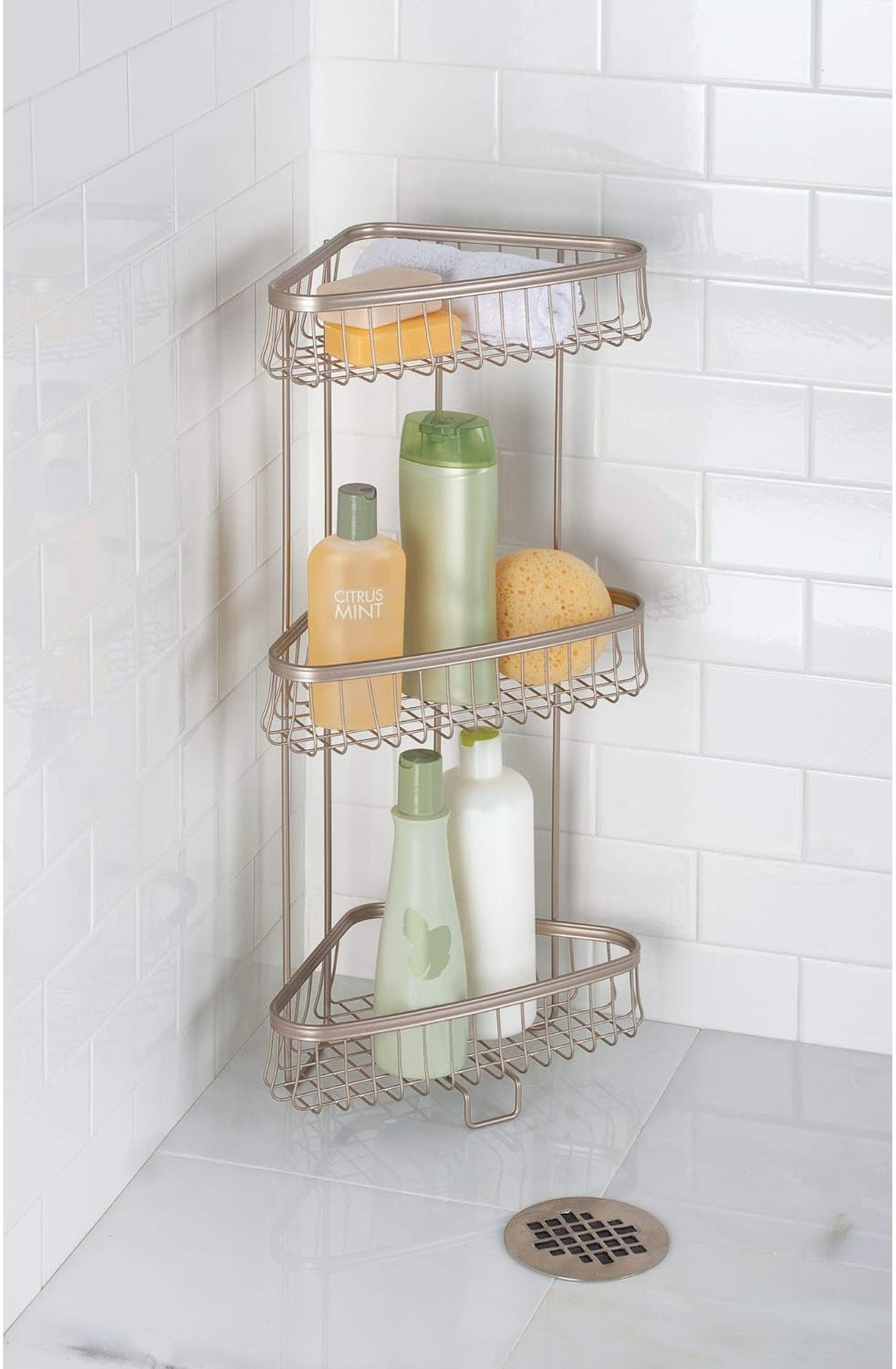 Interdesign York Lyra Free Standing Bathroom or Shower Corner Storage Shelves for Towels, Soap, Shampoo, Lotion, Accessories - 3 Tier, Satin