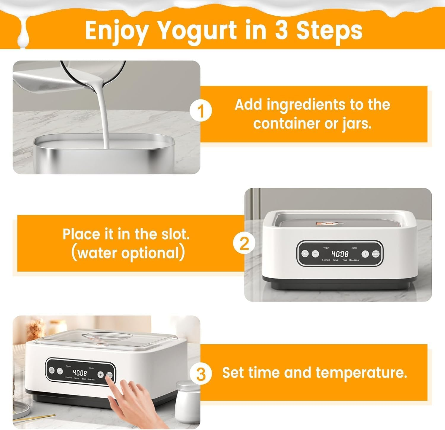 Yogurt Maker Machine, Automatic Yogurt Maker Temp Control & Smart Timer, Homemade Greek Yogurt Machine, Includes 9X100Ml/3.4Oz Glass Jars & 1.6L Stainless Steel Liner image number 4