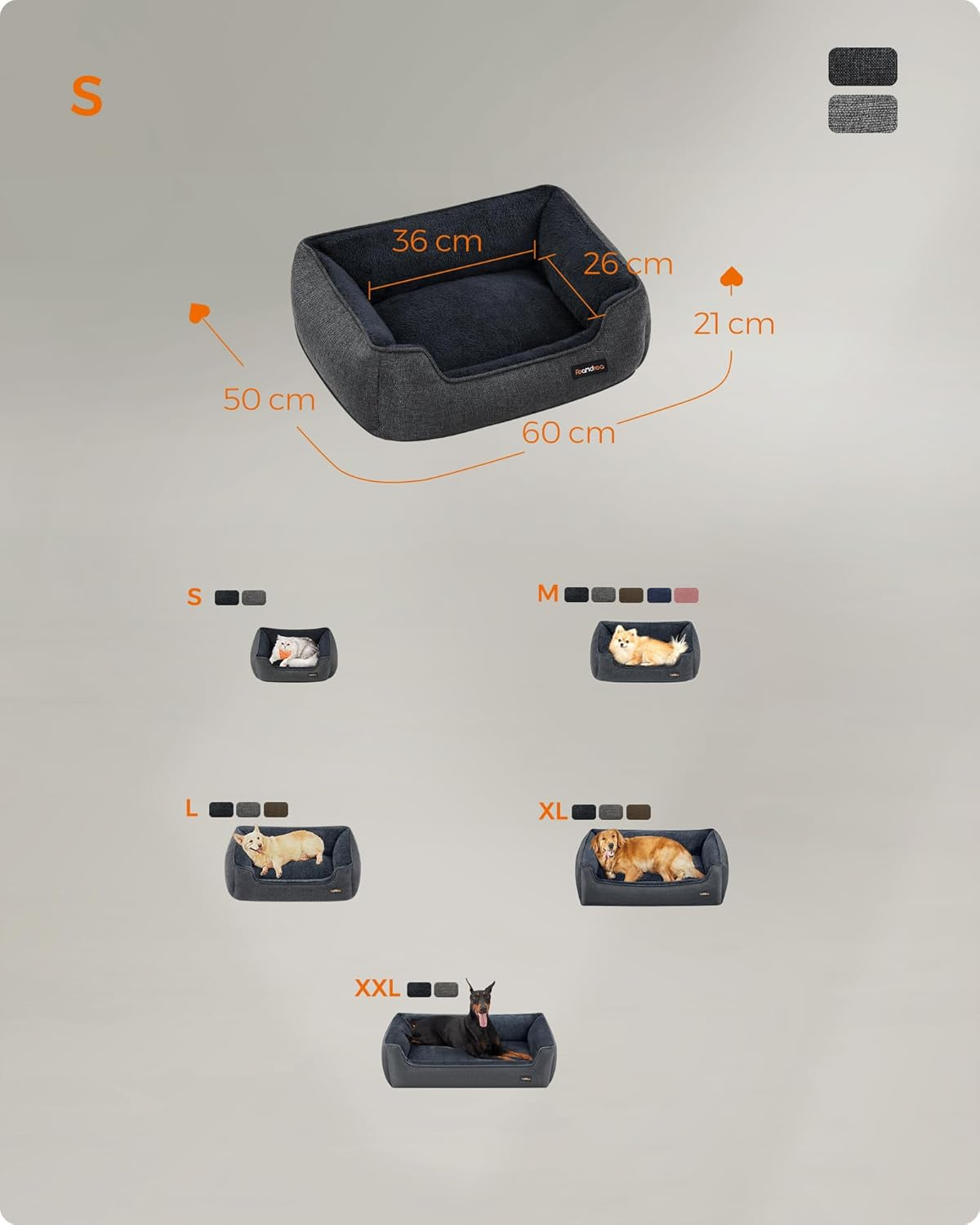 Feandrea PGW009G01 Cat Bed, Dog Bed, Dog Cushion in Linen Look, Raised Edges, Non-Slip Base, Removable Washable Cover, S, for Mini Dogs, 60 X 50 X 21 Cm, Dark Grey image number 5