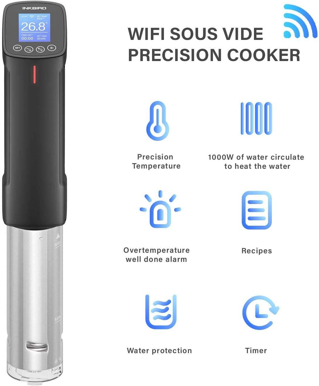 Inkbird WIFI Sous Vide Precision Cooker AU Plug ISV-100W 1000W Stainless Steel Thermal Immersion Circulator with Recipe Digital Interface Precise Temperature and Timer for Kitchen Food Slow image number 6