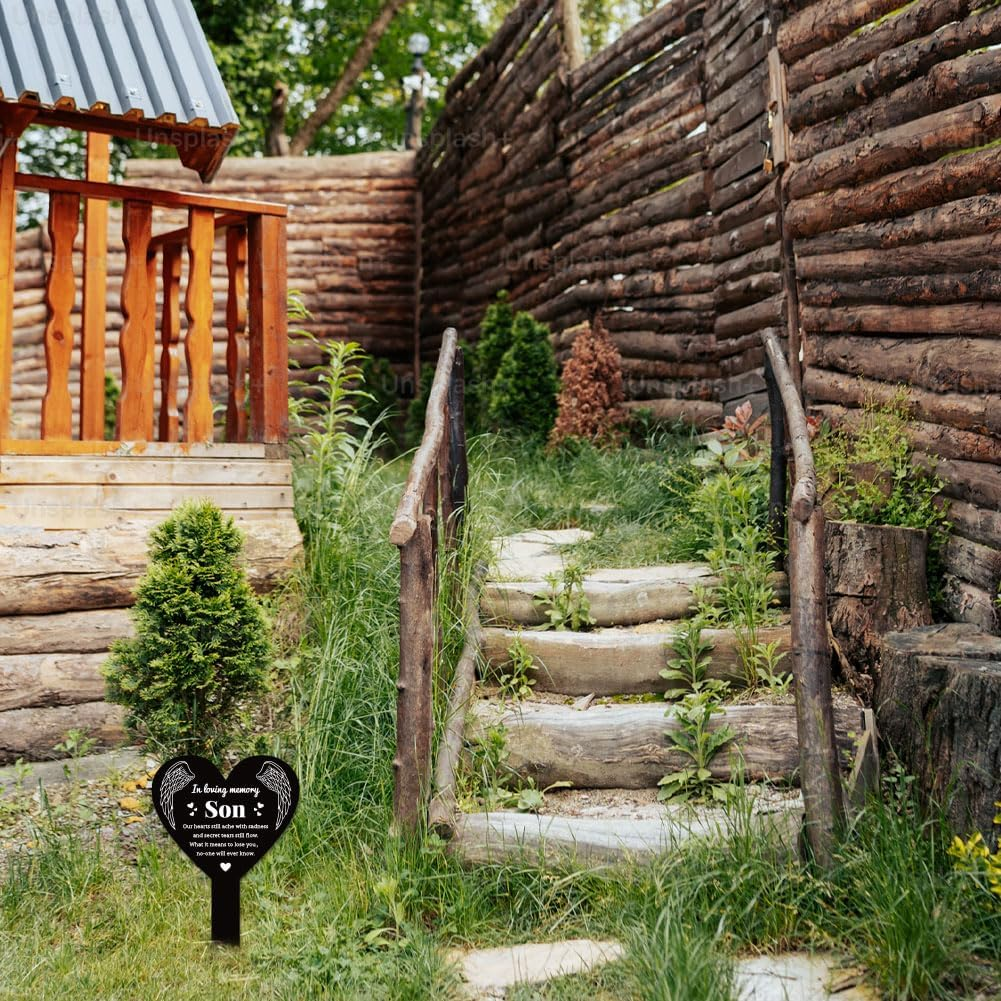 GLOBLELAND Heart Son Garden Stake Memorial Remembrance Plaque Stake for Cemetery Acrylic Grave Stake Waterproof Sympathy Garden Stake for Yard Grave Cemetery (Son) image number 1