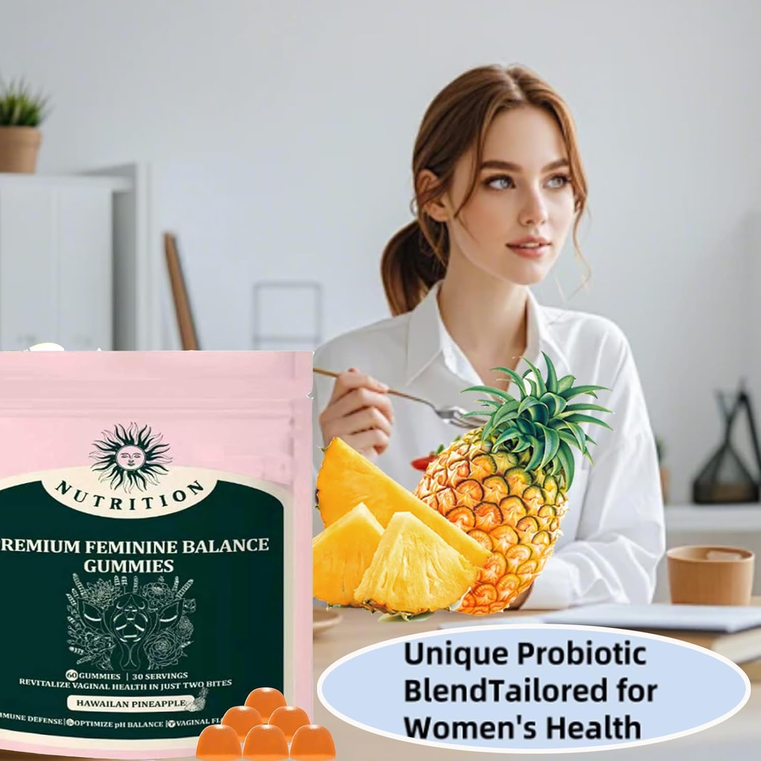 Feminine Balance Gummies,Premium Feminine Balance,Improve Immune,Promotion of Women'S Health,Vegan,Hawaiian Pineapple Flavor - 60 Gummies - 30 Servings image number 1