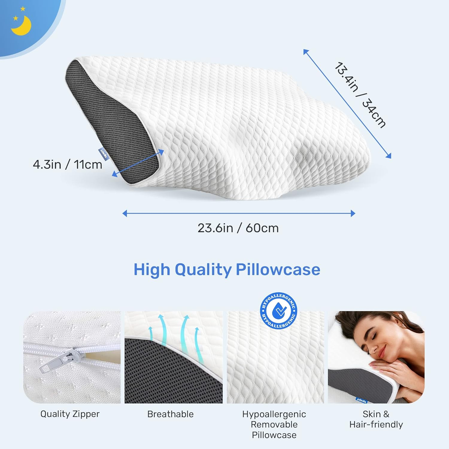 Derila Queen Size Cervical Neck Pillow. Ergonomic Bed Pillows for Sleeping. Contour Memory Foam Pillow for Neck & Shoulder Pain Relief, anti Snore. Back, Stomach, Side Sleepers. - White image number 7