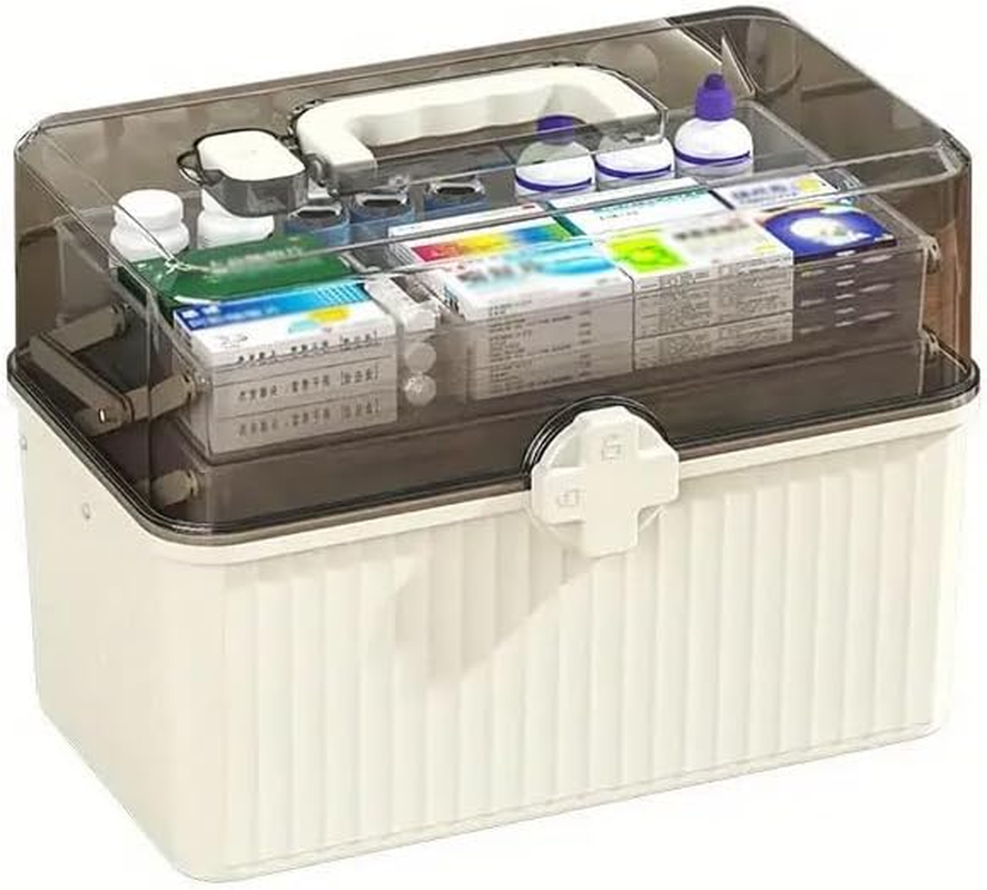 AIMALL Large-Capacity Multi-Layer Medicine Box with Lockable Transparent Lid &ndash; Home First Aid & Drug Storage Organizer for Emergency Use &ndash; White/Blue