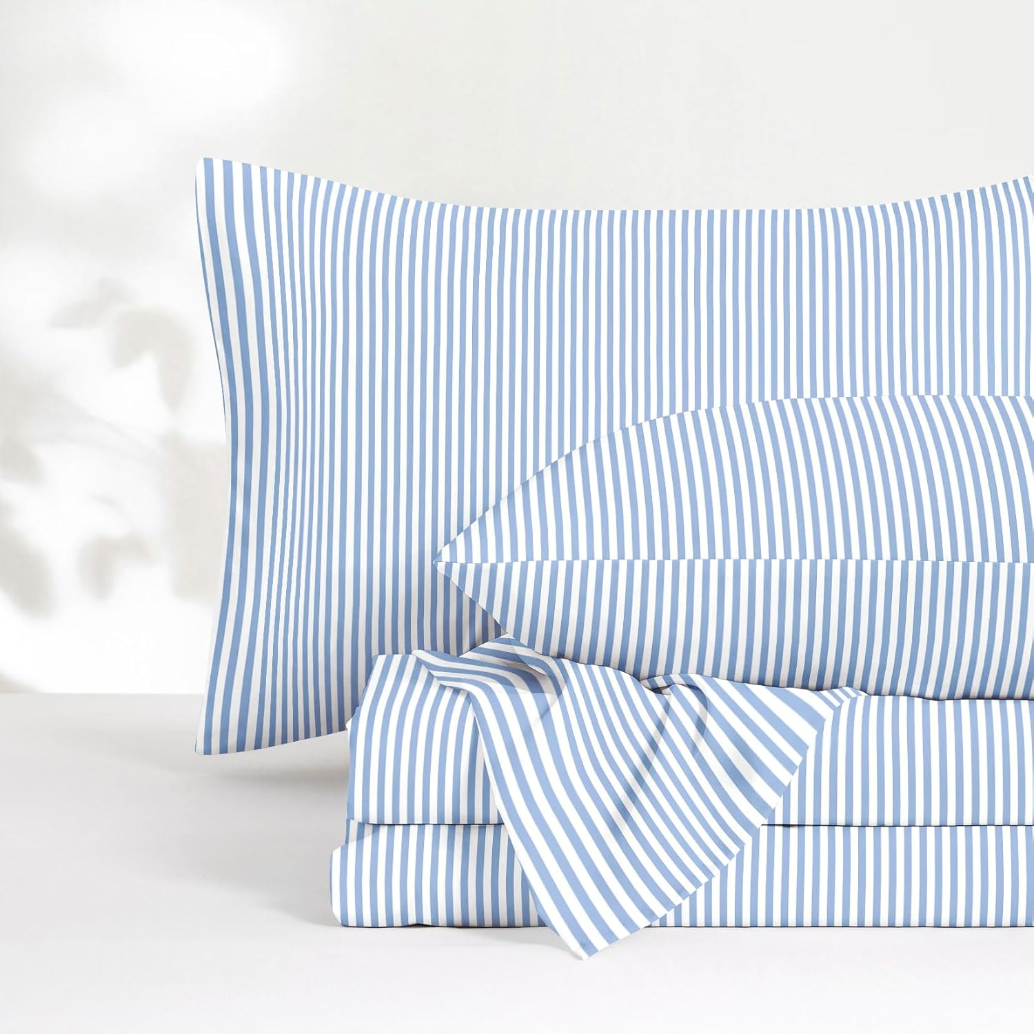 Wake in Cloud - Striped Bed Sheets Set, Ultra Soft Microfiber Ticking Stripes Pinstripe Pattern Printed Bedding, Flat & Fitted Sheet & 2 Pillowcases, 4 Piece, Blue, Queen Size