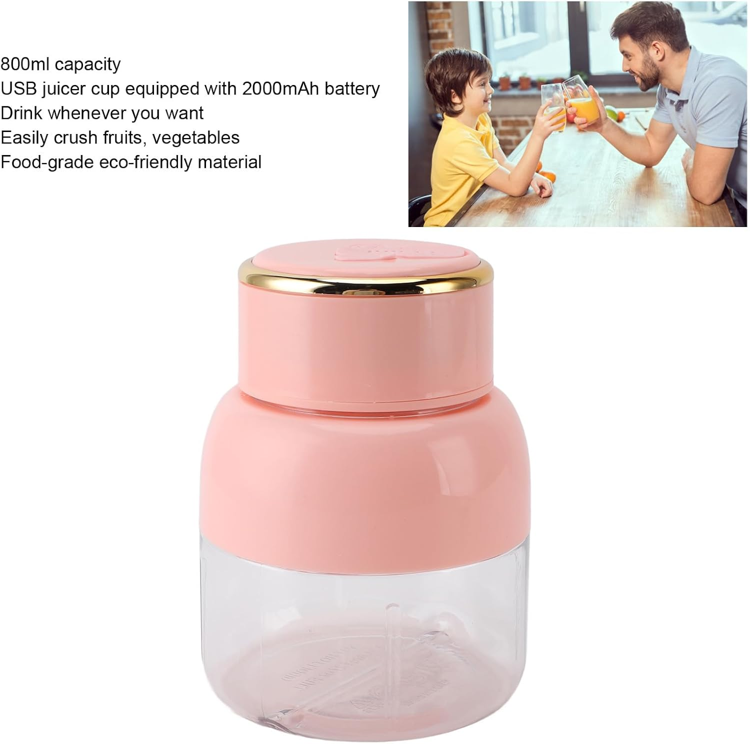 Portable Blender, 800 Ml USB Rechargeable Mixer in Personal Size with Straw, Small Fruit Juice Cup, Mini Blender for on the Go for Sports Travel (Pink) image number 6
