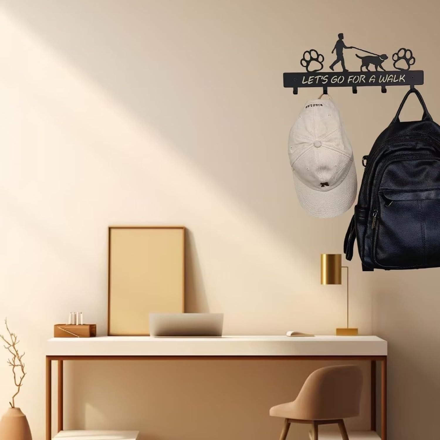 Dog Leash Holder Wall Mount, Dog Supply Organizer with 5 Hooks, Metal Key Hooks for Wall， Wall Storage for Hanging Leash, Vest, Harness, Keys image number 4