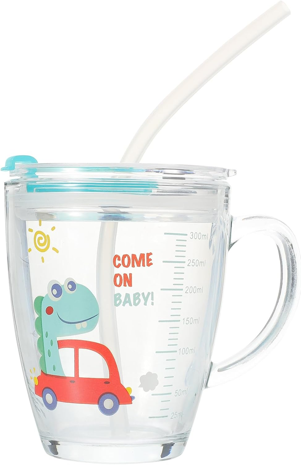 SEWACC Cartoon Sip Cup Glass Tumbler with Lid and Straw Kids Milk Juice Cup with Scale for Home Office Cafe Use image number 1