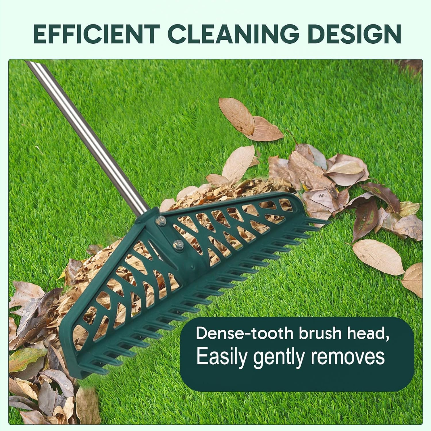 Artificial Rake, Double Sided Garden Hand Broom Rake Stainless Steel Long Pole Leaves Rake16 Inch Wide for Garden Grass Clean Lawn Artificial Turf Patios Carpets Pet Hairs Cleaner image number 3