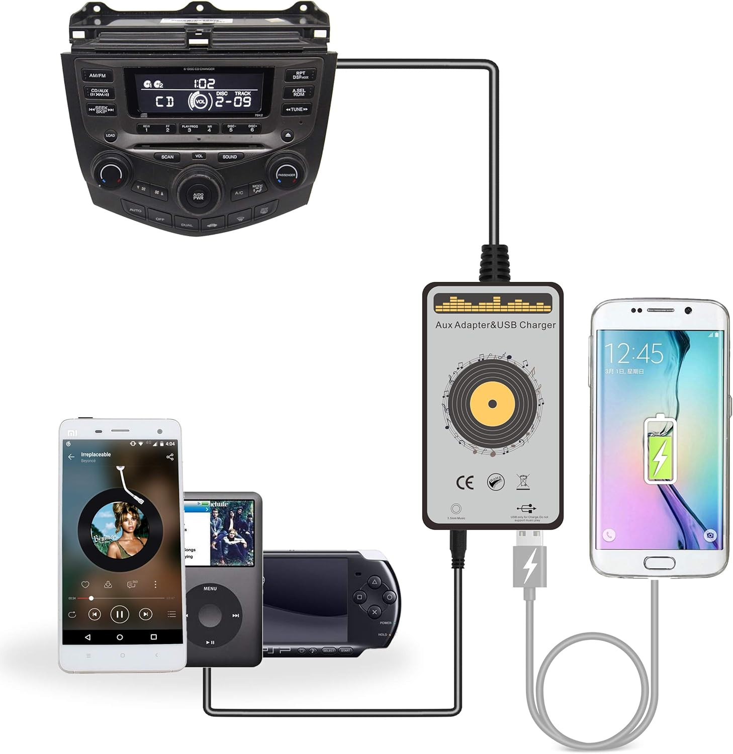 Car Audio AUX Input Adapter with 5V/3.0A USB Charging Port (2Nd Gen) for Honda Accord 2003-2012, City 2002-2011, CRV 2005-2014, Civic 2006-2012, Odyssey 2005-2010, TSX 2004-2011 image number 4