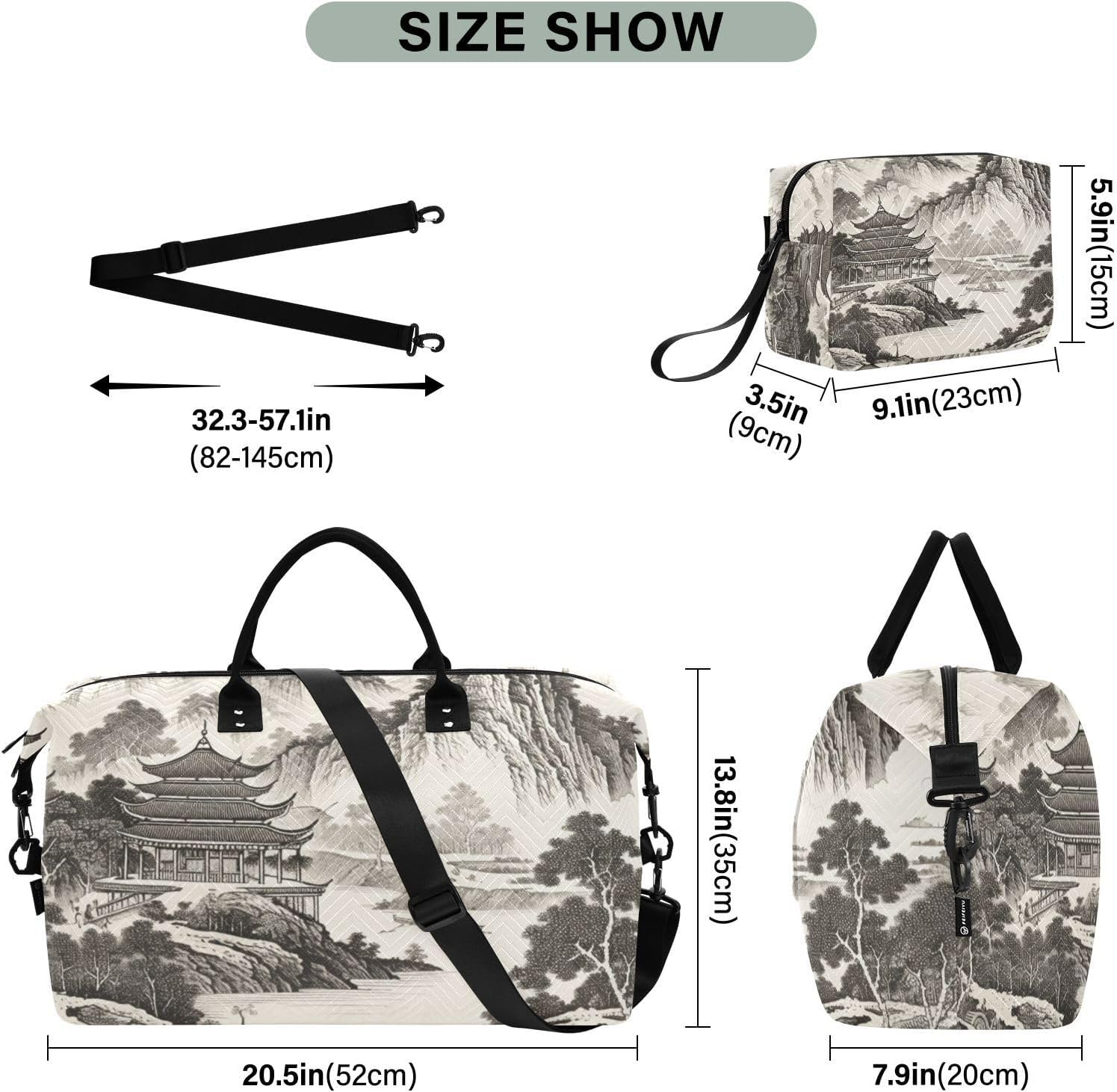 XYMZR Large Travel Duffel Bag, Chinese Landscape Paint Sports Tote Gym Bag, Shoulder Weekender Overnight Bag for Women Men, Carry on Luggage with Toiletry Bags, Multi-Colored image number 6