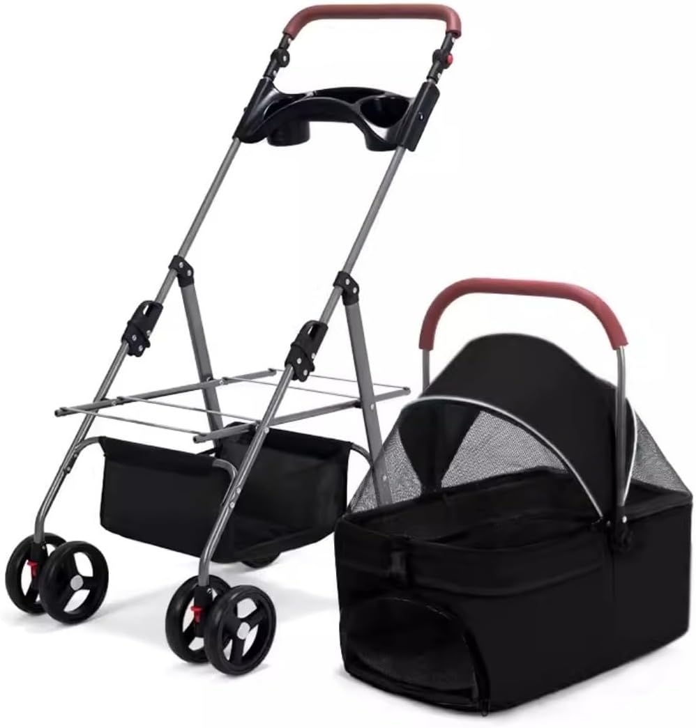 Pet Stroller Dog Stroller Cat Stroller 4 Wheels Dog Stroller Foldable Pet Cat Dog Strollers with Removable Carrier and Storage Basket for Small Medium Dogs Dog Pram Dog Cat(Color:Black)