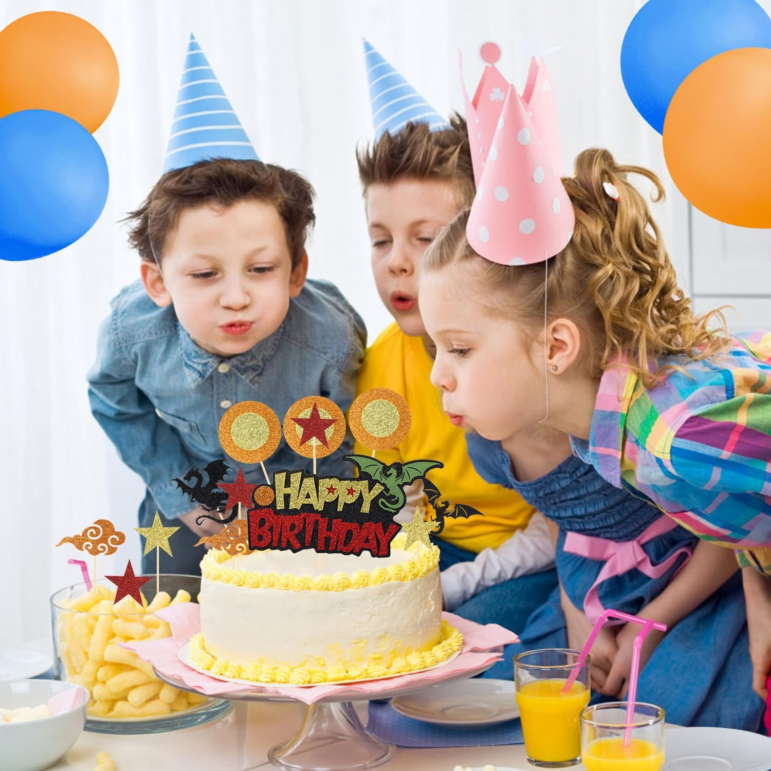 1Pc Cartoon Happy Birthday Cake Topper + 12Pcs Cupcake Toppers, Glitter Cake Topper Decorations Dragon Stars Circle Anime Cartoon Cupcake Picks for Themed Birthday Party Supplies Boys Girls