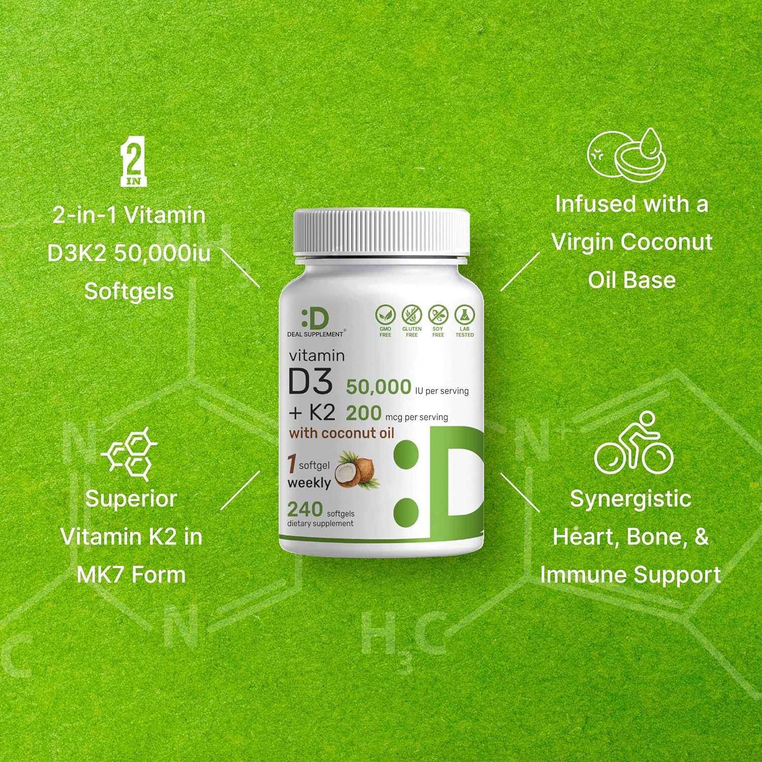 DEAL SUPPLEMENT Vitamin D3 50,000 IU + K2 MK7 200 Mcg,240 Softgels | Virgin Coconut Oil, Max Strength Vitamin D & K, Promotes Heart, Bone, & Teeth Health &ndash; One Softgel Weekly, Easy to Swallow image number 5
