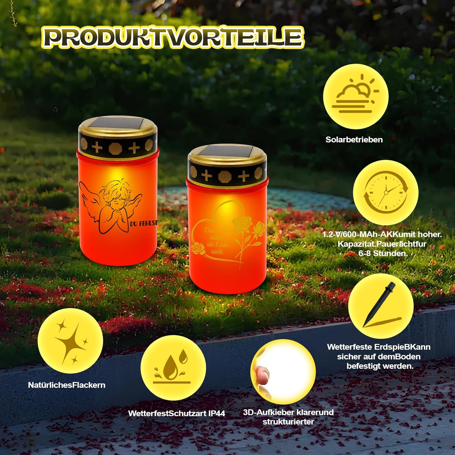 JUNUNDJING 2 Solar LED Grave Lights Funeral Candles with 4 Stickers (2 Types of Motif), Grave Light Solar LED Cemetery Candles IP55 Weatherproof with 2 Ground Spikes 2 Extensions and Twilight Sensor image number 2