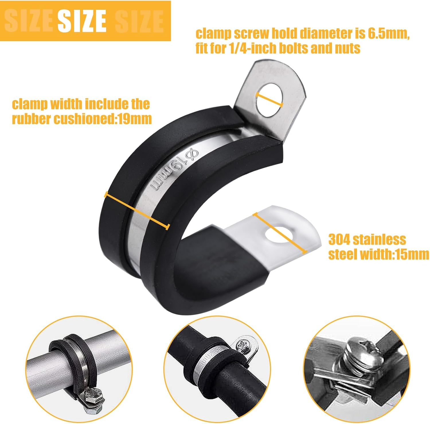 52Pcs P Clips Hose Clamp Cable Clamps Assortment Kit, 304 Stainless Steel Rubber Cushion Pipe Clamps in 6 Sizes 1/4" 5/16" 3/8" 1/2" 5/8" 3/4" (BLACK) - Red image number 5