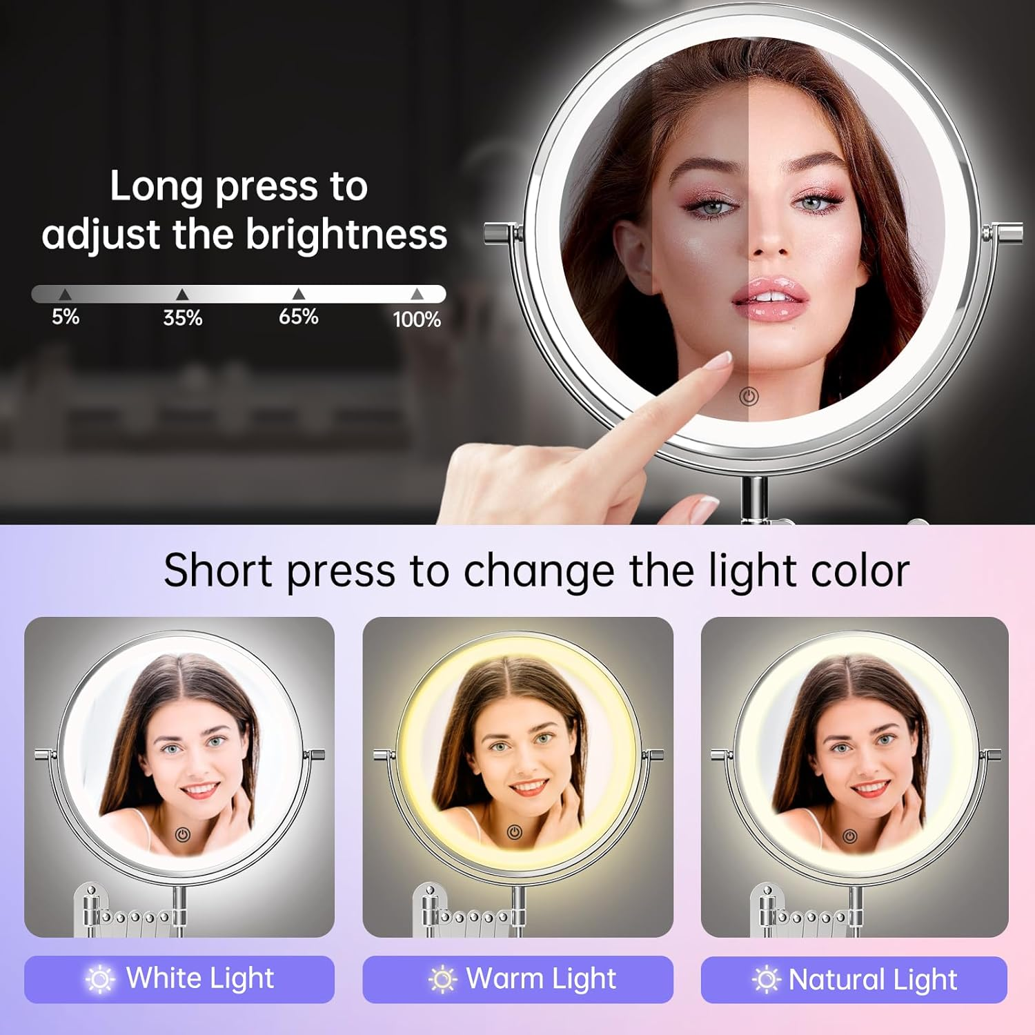 Famihomii Wall Mounted Bathroom Makeup Mirror with Lights, Rechargeable 8 Inch 1X/10X Double Sided Magnifying Mirror with 360&deg; Swivel Bathroom Extendable Arm, Telescoping Mesh Shaving Mirror - Chrome