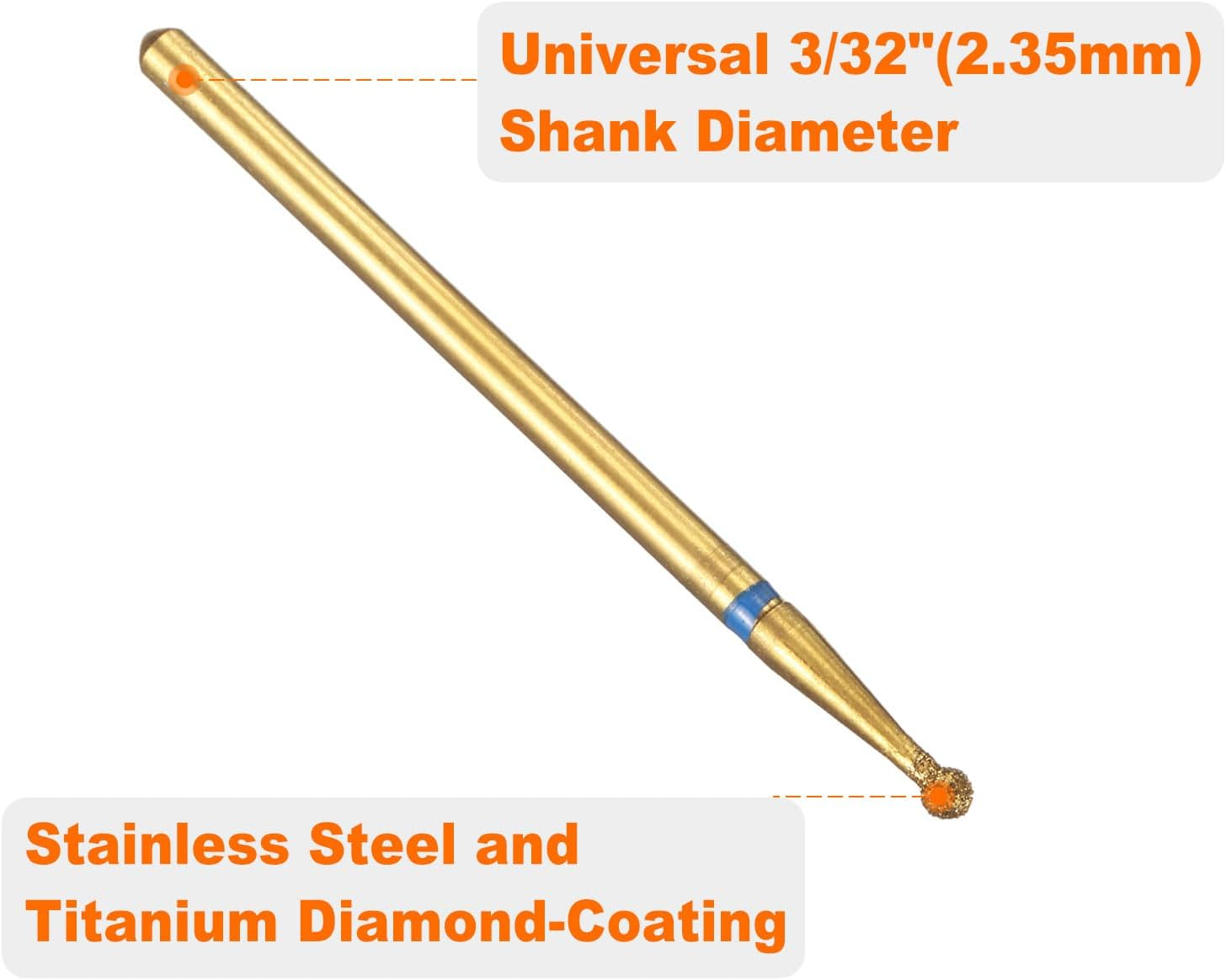 Sourcing Map 8Pcs 120-140 Grits Diamond Grinding Bit 2Mm Ball Head 2.35Mm Shank 2Mm Length Titanium Plated Stone Sanding Drill Bits Rotary Tool for Nails Grinding Polishing