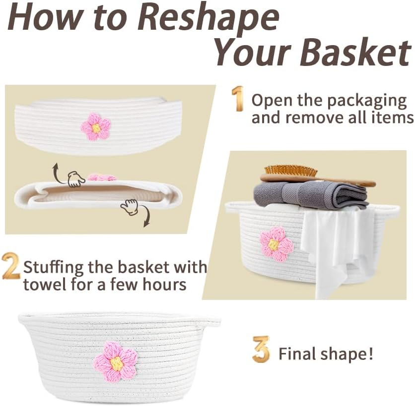 Esme L&H Small Woven Basket for Gifts Empty with Bag and Ribbon, Cute Yarn Flower Design Empty Baskets for Gift, Small Cotton Rope Organizer Bin for Various Storage Usage, 12"X9"X6" image number 4