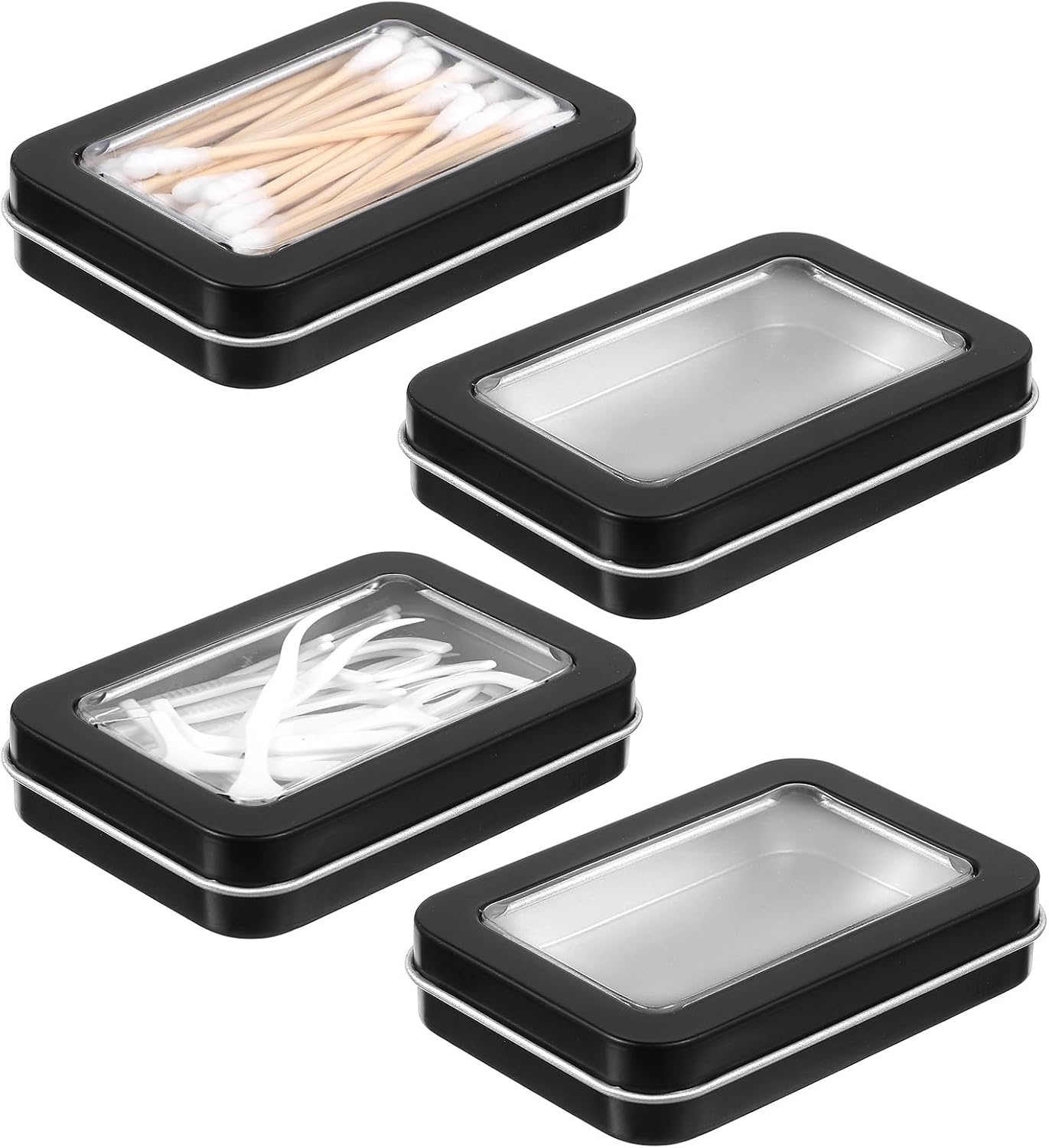 4Pcs Cotton Swab Holder for Travel, Portable Floss Picks Case with Dustproof Lid Refillable Floss Pick Dispenser Travel Flosses Picks Case with Dustproof Lid for Cotton Swabs Hair Ties (Black)