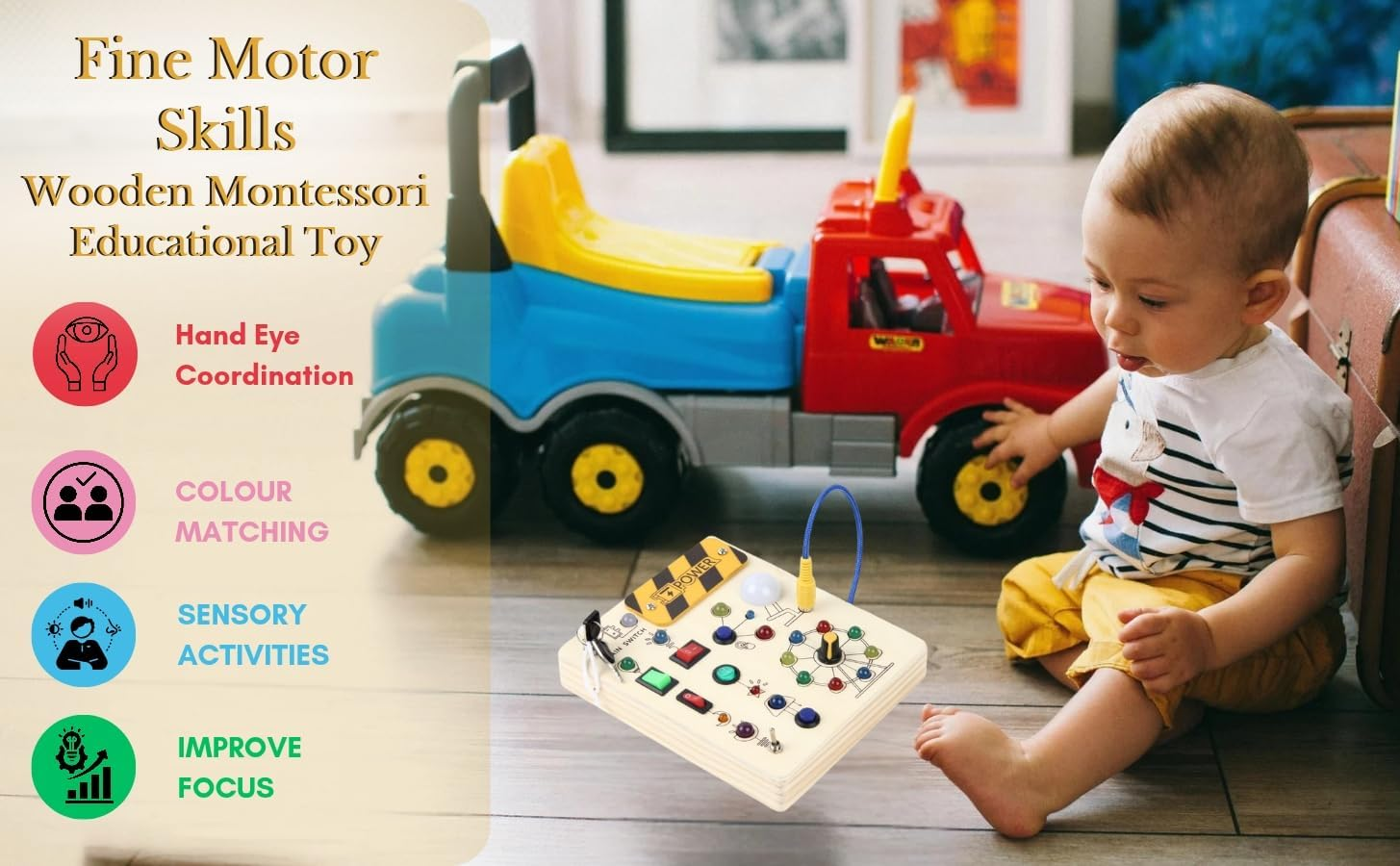 Intellitoy Montessori Busy Board for Toddlers 3+, Wooden Sensory Toddler Toys with LED Lights, Educational Travel Toys for Kids, Fine Motor Skills Learning Toy for Boys & Girls image number 1